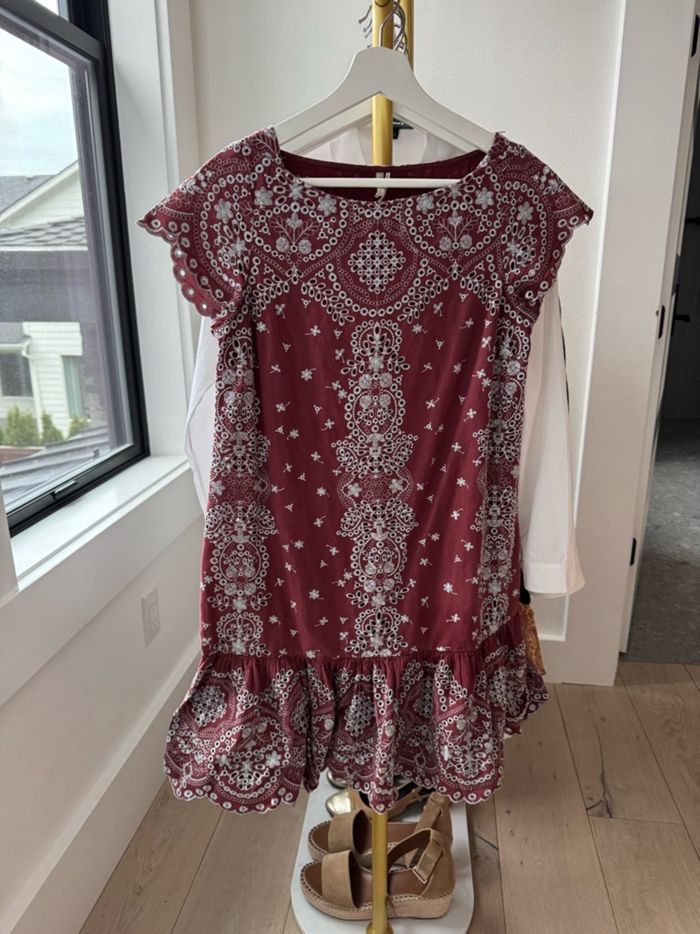 Anthropologie Burgundy Eyelet Embroidered Ruffle Dress
